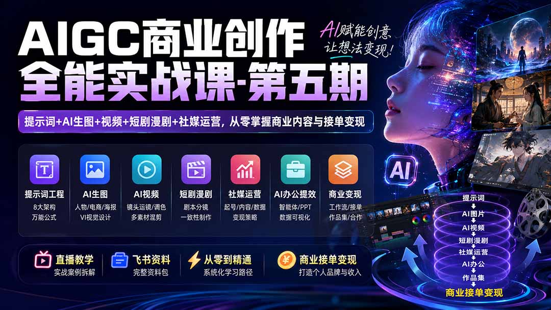 AIGC商业创作全能实战课-第五期：提示词+AI生图+视频+短剧漫剧+社媒运营，从零掌握商业内容与接单变现-小白项目网