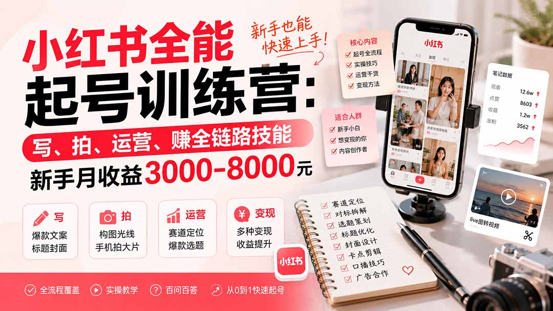 小红书全能起号训练营-更新：写、拍、运营、赚全链路技能，新手月收益3000-8000元-怪兽网创俱乐部