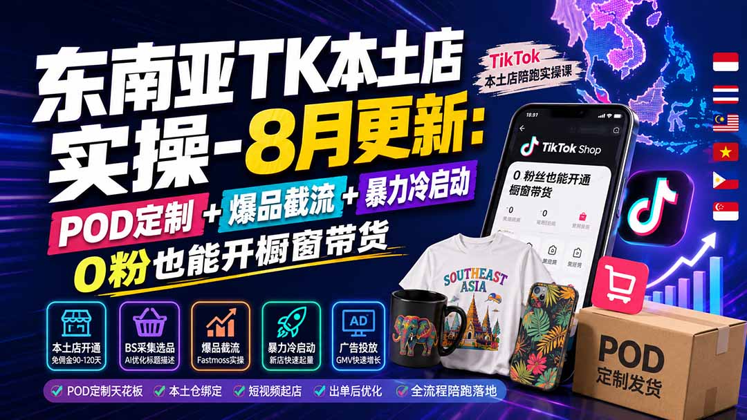 东南亚TK本土店实操-8月更新：POD定制+爆品截流+暴力冷启动，0粉也能开橱窗带货-多课资源站