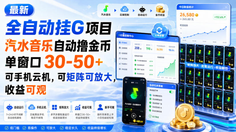最新全自动挂G项目，汽水音乐自动撸金币单窗口30-50+，可手机云机，可矩阵可放大，收益可观-多课资源站