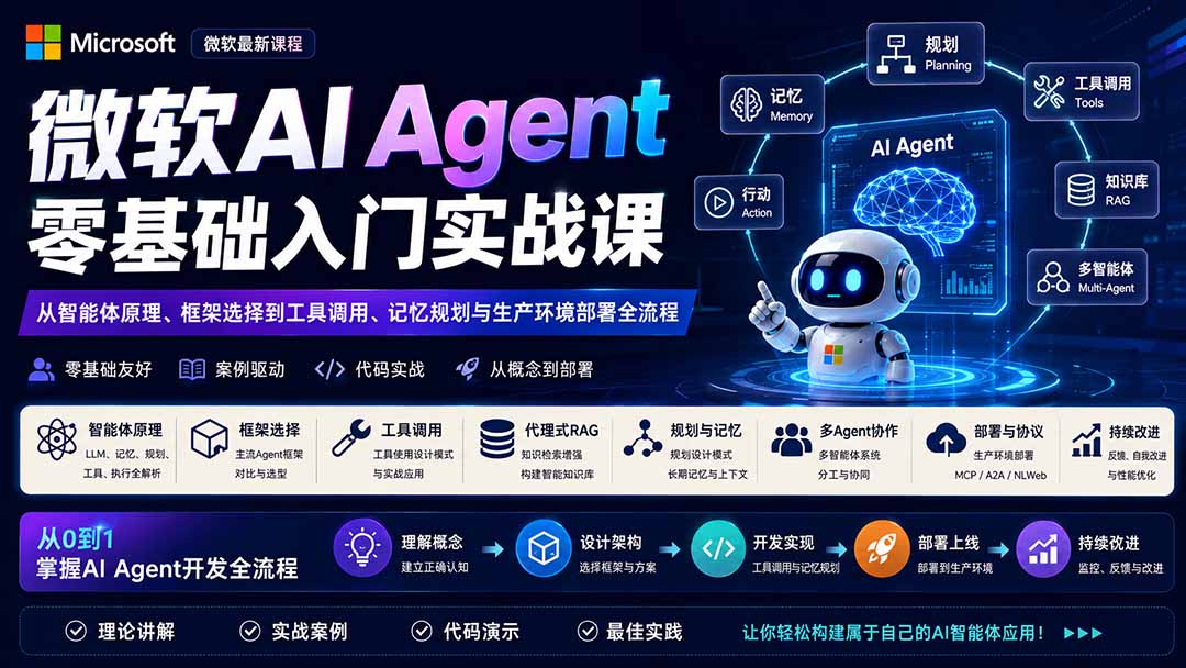 微软AI Agent零基础入门实战课：从智能体原理、框架选择到工具调用、记忆规划与生产环境部署全流程-多课资源站