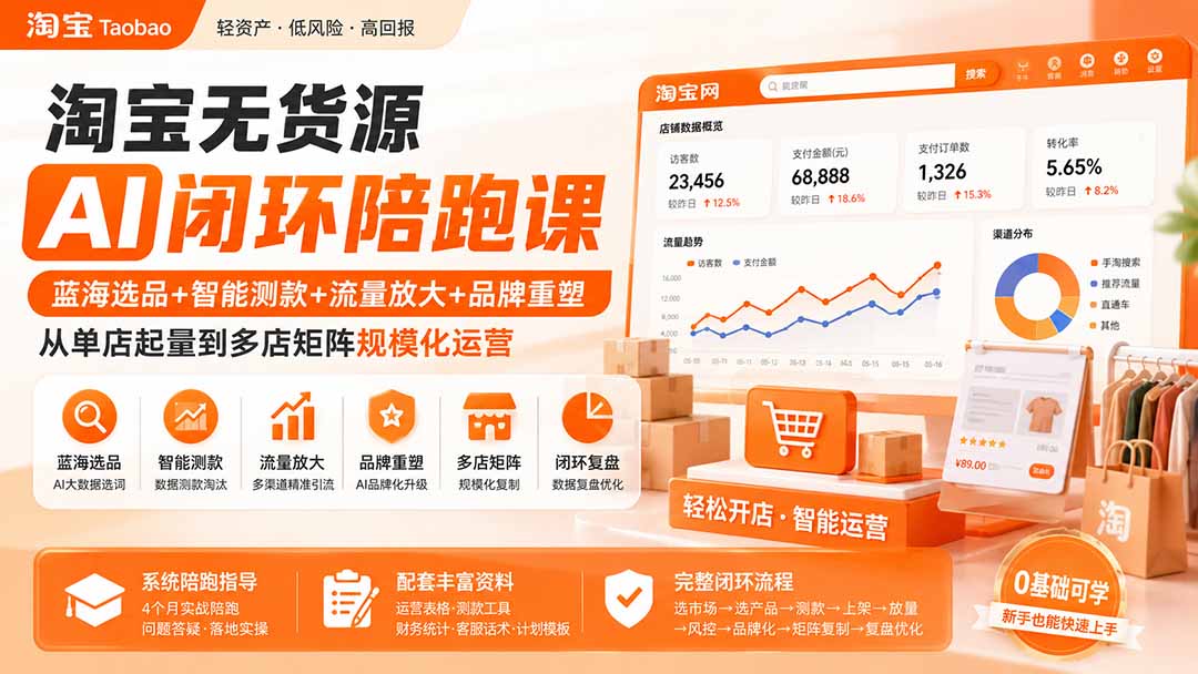 淘宝无货源AI闭环陪跑课：蓝海选品+智能测款+流量放大+品牌重塑，从单店起量到多店矩阵规模化运营-多课资源站