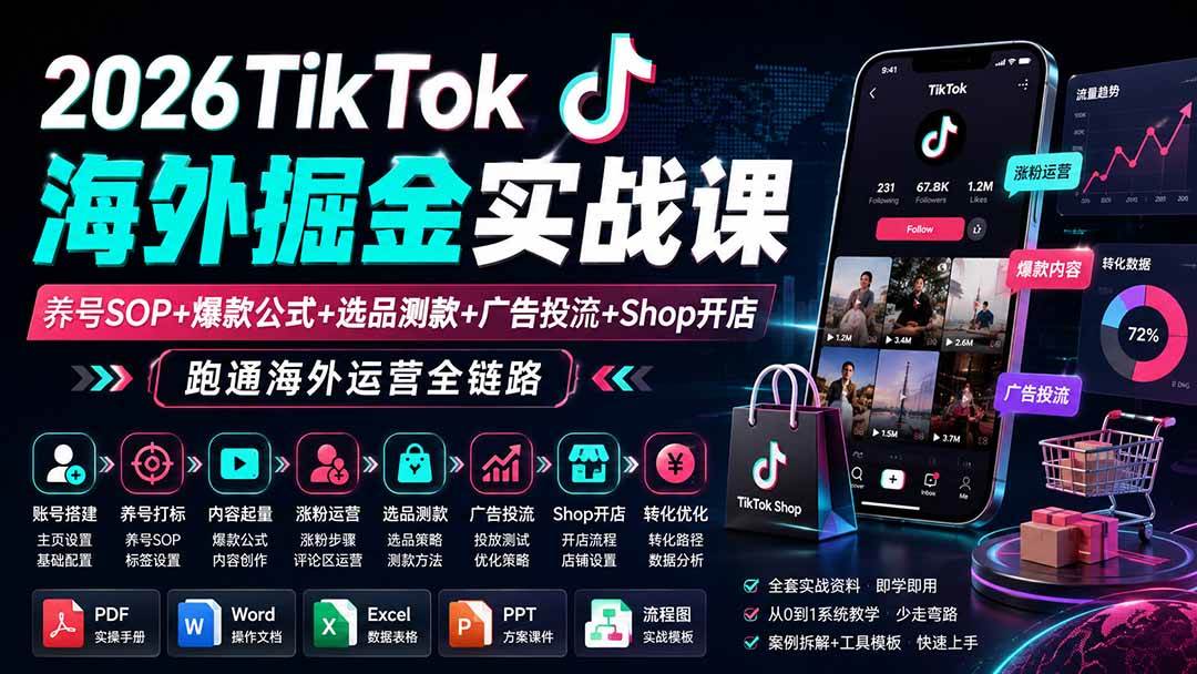 （19973期）2026TikTok海外掘金实战课——养号SOP+爆款公式+选品测款+广告投流+Shop开店，跑通海外运营全链路-邪修侠 - 演示