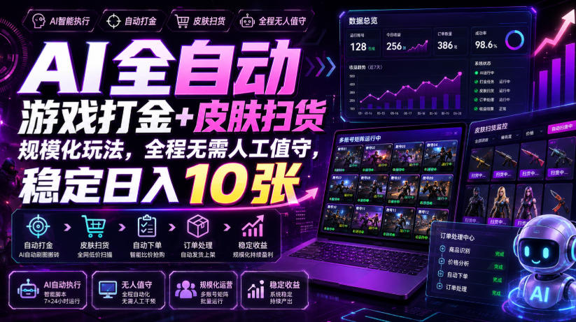 AI全自动游戏打金+皮肤扫货规模化玩法，全程无需人工值守，稳定日入10张【揭秘】-小白项目网