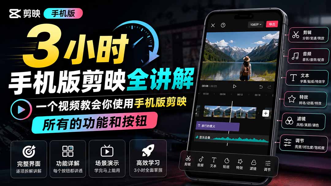 3小时手机版剪映全讲解，一个视频教会你使用手机版剪映，所有的功能和按钮-多课资源站