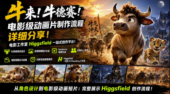 牛来！牛德赛！电影级动画片制作流程详细分享！电影工作室Higgsfield一站式创作平台，完整创作流程-多课资源站