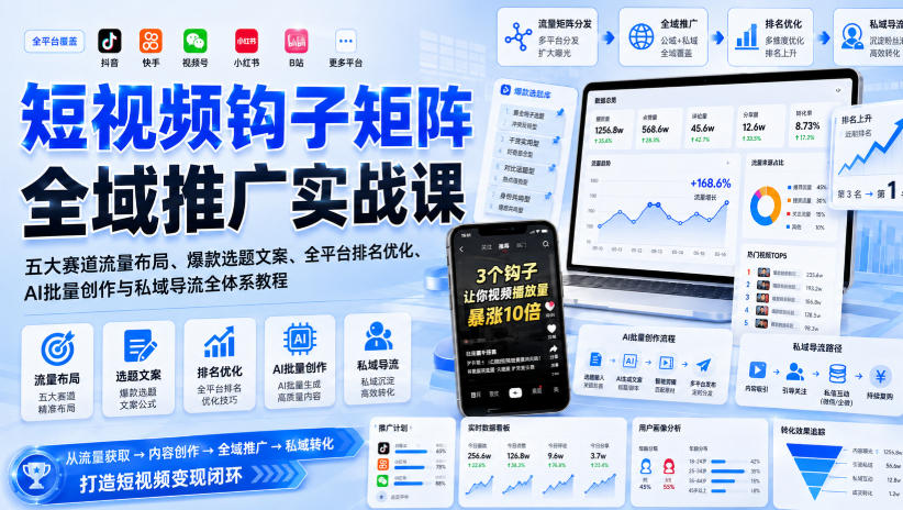 短视频钩子矩阵全域推广实战课｜五大赛道流量布局、爆款选题文案、全平台排名优化、AI批量创作与私域导流全体系教程-奇点库