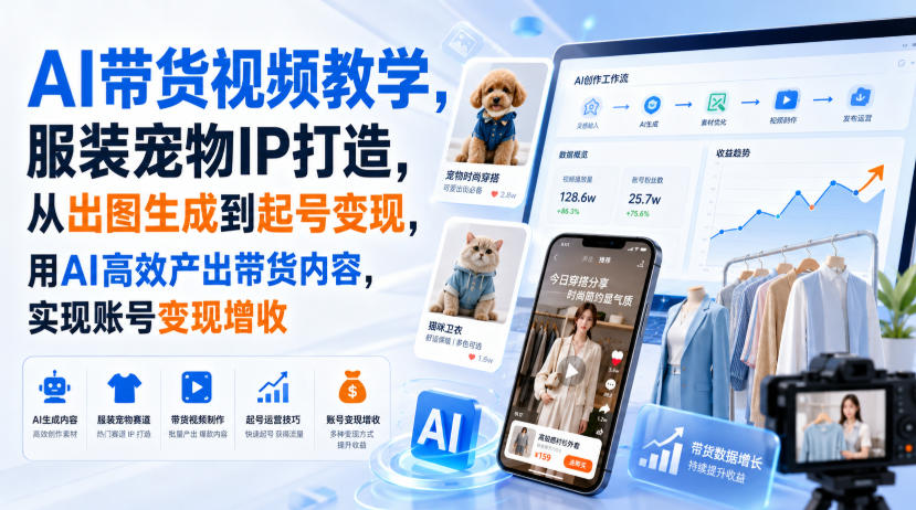 AI带货视频教学，服装宠物IP打造，从出图生成到起号变现，用AI高效产出带货内容，实现账号变现增收-多课资源站