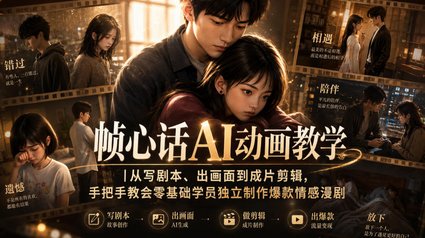 帧心话AI动画教学|从写剧本、出画面到成片剪辑,手把手教会零基础学员独立制作爆款情感漫剧-90网