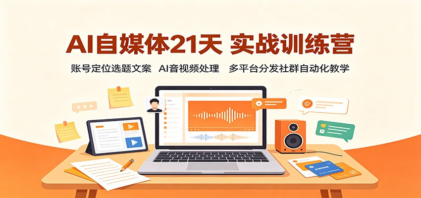 AI自媒体21天实战训练营：账号定位选题文案，AI音视频处理，多平台分发社群自动化教学-多课资源站