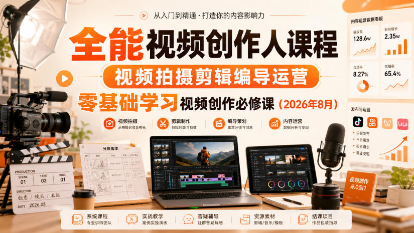 全能视频创作人课程，视频拍摄剪辑编导运营，零基础学习视频创作必修课(2026年8月)-90网