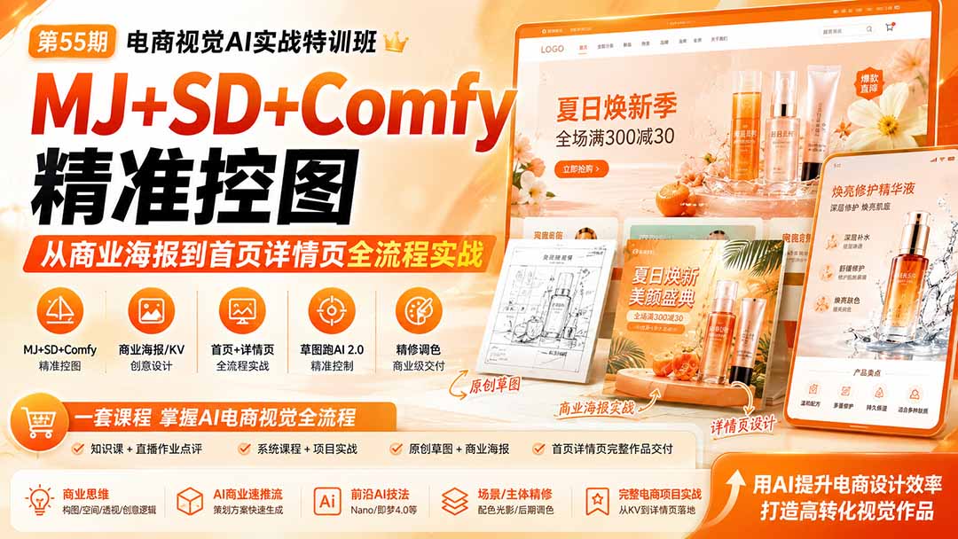 电商视觉 AI实战训练营第55期：MJ+SD+Comfy精准控图，从商业海报到首页详情页全流程实战-奇点库