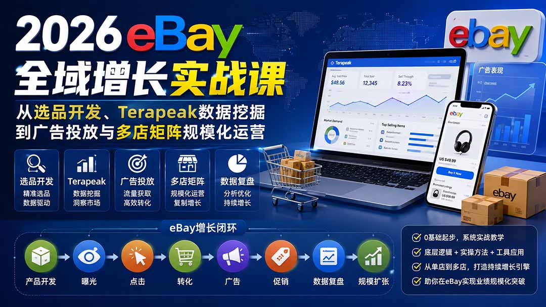 2026-Vincent eBay全域增长实战课-无水印：从选品开发、Terapeak数据挖掘到广告投放与多店矩阵规模化运营-小白项目网