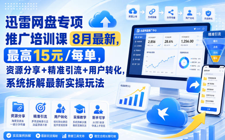 迅雷网盘专项推广培训课8月最新，最高15米/每单，资源分享+精准引流+用户转化，系统拆解最新实操玩法(更新0824)-怪兽网创俱乐部