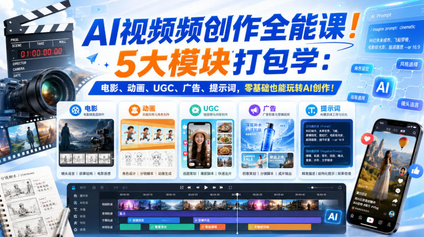 AI视频频创作全能课！5大模块打包学：电影、动画、UGC、广告、提示词，零基础也能玩转AI创作！【原创双语字幕】-怪兽网创俱乐部