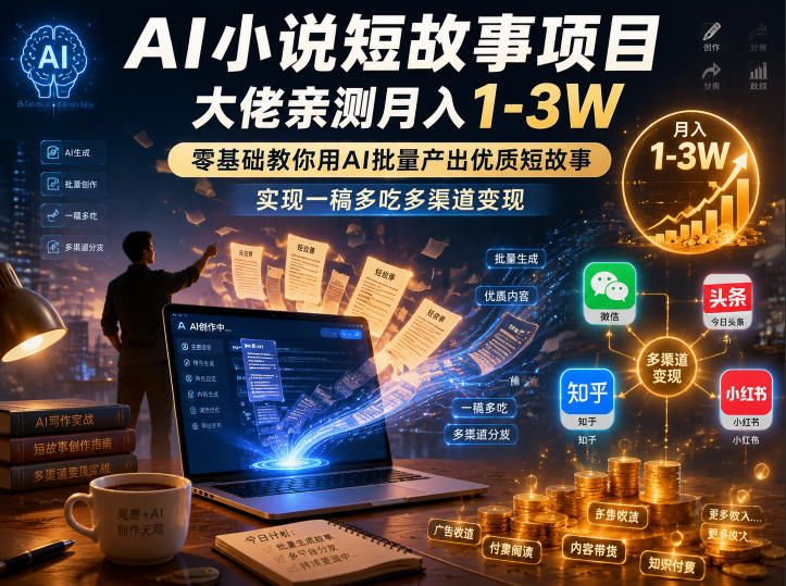 AI小说短故事项目，大佬亲测月入1-3W，零基础教你用AI批量产出优质短故事，实现一稿多吃多渠道变现(更新0824)-怪兽网创俱乐部