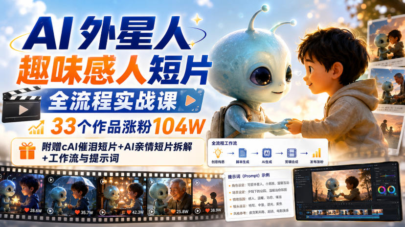 AI外星人趣味感人短片全流程实战课，33个作品涨粉104W，附赠AI催泪短片+AI亲情短片拆解+工作流与提示词-邪修侠 - 演示