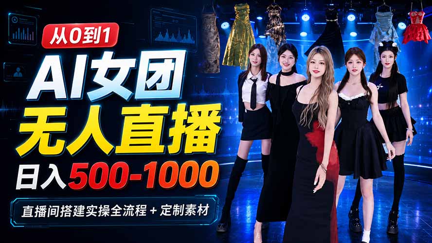 AI 女团无人直播，躺入500-1000每天，直播间搭建实操全流程+定制素材-怪兽网创俱乐部