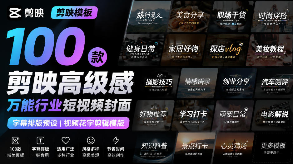 【剪映模板】100款剪映高级感万能行业短视频封面字幕排版预设视频花字剪辑模版-怪兽网创俱乐部