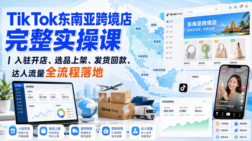 TikTok东南亚跨境店完整实操课｜入驻开店、选品上架、发货回款、达人流量全流程落地-小白项目网