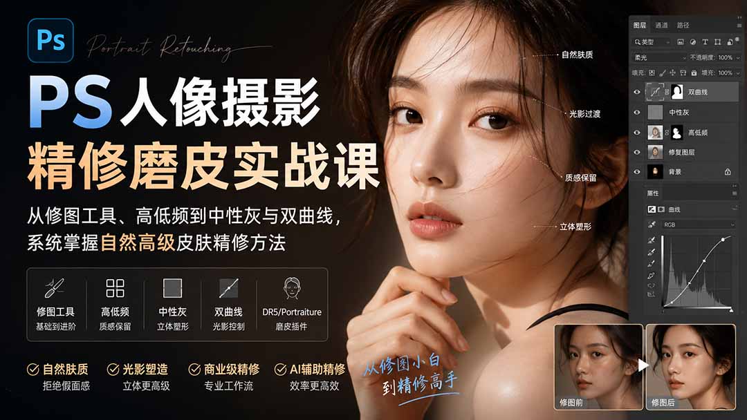 PS人像摄影精修磨皮实战课：从修图工具、高低频到中性灰与双曲线，系统掌握自然高级皮肤精修方法-怪兽网创俱乐部