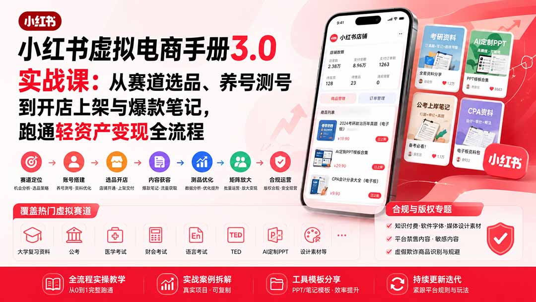 小红书虚拟电商手册3.0实战课：从赛道选品、养号测号到开店上架与爆款笔记，跑通轻资产变现全流程-怪兽网创俱乐部