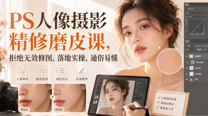 PS人像摄影精修磨皮课，拒绝无效修图，落地实操，通俗易懂-邪修侠 - 演示