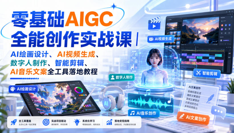 零基础AIGC全能创作实战课｜AI绘画设计、AI视频生成、数字人制作、智能剪辑、AI音乐文案全工具落地教程-怪兽网创俱乐部