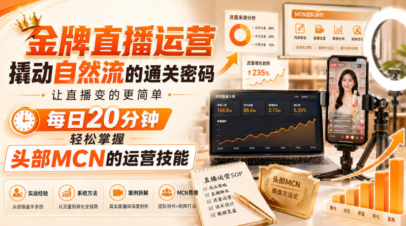 金牌直播运营撬动自然流的通关密码，让直播变的更简单，每日20分钟，轻松掌握头部MCN的运营技能-小白项目网