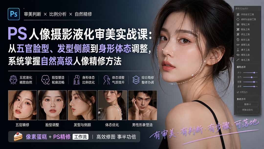 PS人像摄影液化审美实战课：从五官脸型、发型侧颜到身形体态调整，系统掌握自然高级人像精修方法-怪兽网创俱乐部