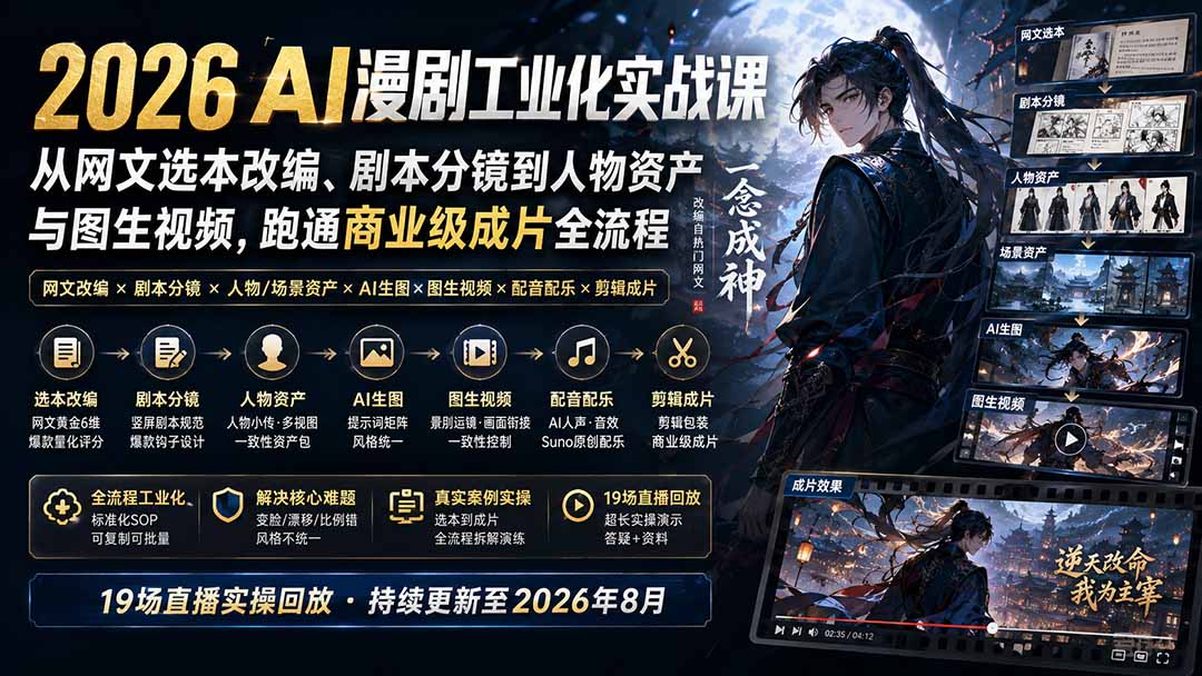2026 AI漫剧工业化实战课-更新：从网文选本改编、剧本分镜到人物资产与图生视频，跑通商业级成片全流程-怪兽网创俱乐部