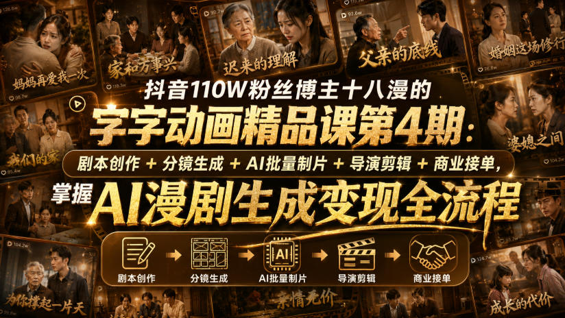 抖音110W粉丝博主十八漫的字字动画精品课第4期：剧本创作+分镜生成+剪辑+商业接单，掌握AI漫剧生成变现全流程-怪兽网创俱乐部