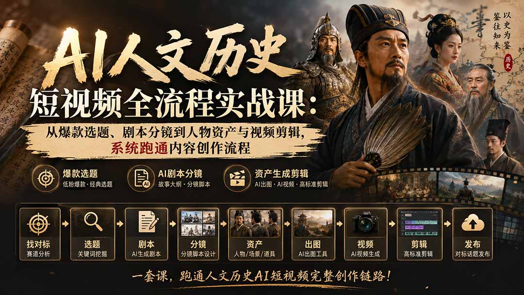 AI人文历史短视频全流程实战课：从爆款选题、剧本分镜到人物资产与视频剪辑，系统跑通内容创作流程-小白项目网