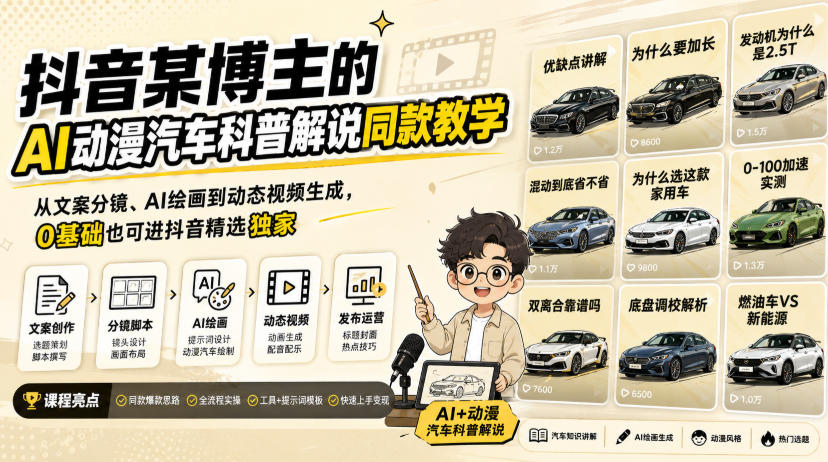 抖音某博主的AI动漫汽车科普解说同款教学，从文案分镜、AI绘画到动态视频生成，0基础解锁抖音精选独家收益-邪修侠 - 演示
