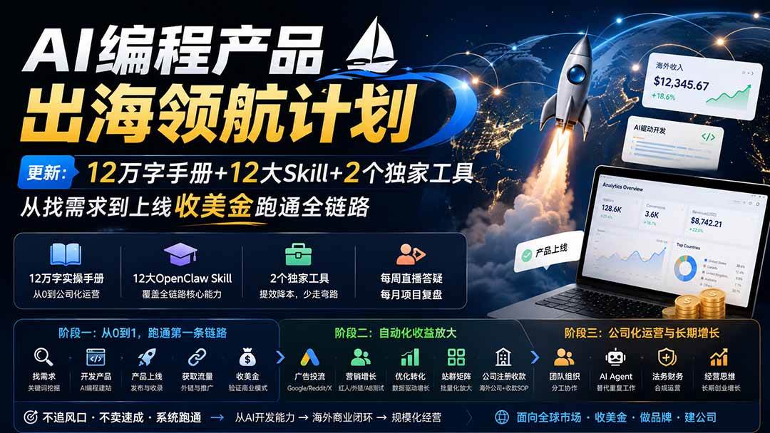 （20099期）AI编程产品出海领航计划-更新：12万字手册+12大Skill+2个独家工具，从找需求到上线收美金跑通全链路-邪修侠 - 演示