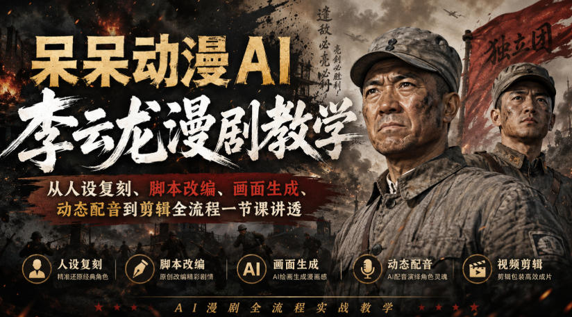呆呆动漫AI李云龙漫剧教学，从人设复刻、脚本改编、画面生成、动态配音到剪辑全流程一节课讲透-邪修侠 - 演示