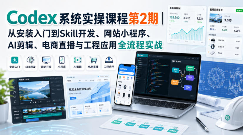 Codex系统实操课程第2期｜从安装入门到Skill开发、网站小程序、AI剪辑、电商直播与工程应用全流程实战-怪兽网创俱乐部