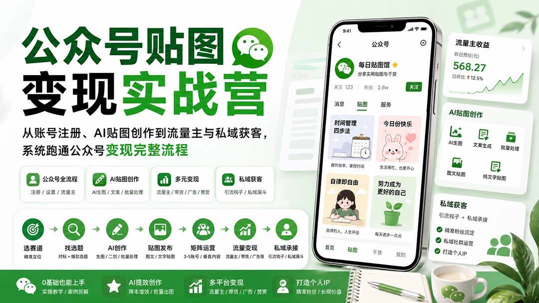 （20120期）公众号贴图变现实战营：从账号注册、AI贴图创作到流量主与私域获客，系统跑通公众号变现完整流程-怪兽网创俱乐部