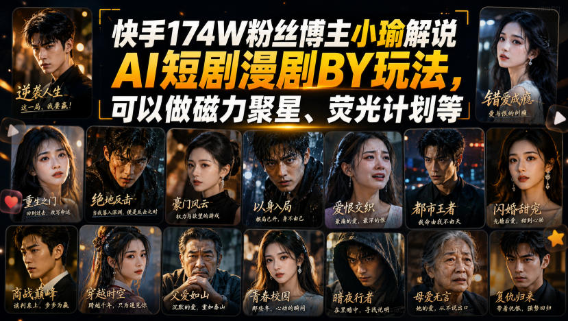 快手174W粉丝博主小瑜解说AI短剧漫剧搬运玩法，可以做磁力聚星、荧光计划等-怪兽网创俱乐部