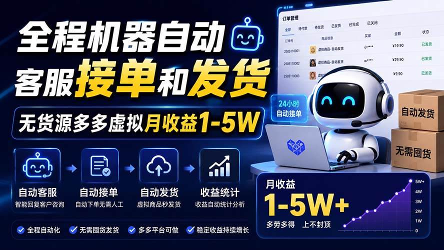 （20119期）全程机器自动客服接单和发货，无货源多多虚拟月收益1-5W-怪兽网创俱乐部