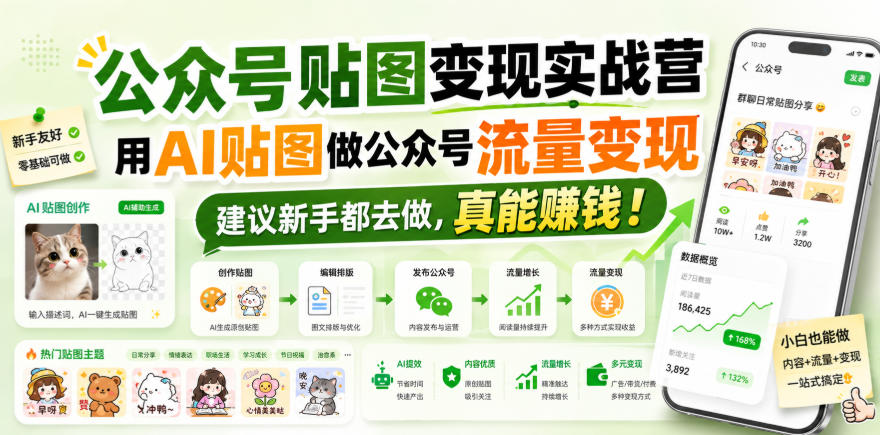 公众号贴图变现实战营，用AI贴图做公众号流量变现，建议新手都去做，真能賺钱！-怪兽网创俱乐部