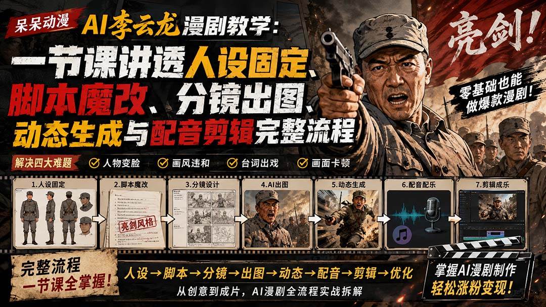 （20107期）呆呆动漫AI李云龙漫剧教学：一节课讲透人设固定、脚本魔改、分镜出图、动态生成与配音剪辑完整流程-怪兽网创俱乐部