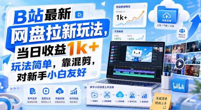 B站最新网盘拉新玩法，当日收益1k+玩法简单，靠混剪，对新手小白友好-网创百晓生