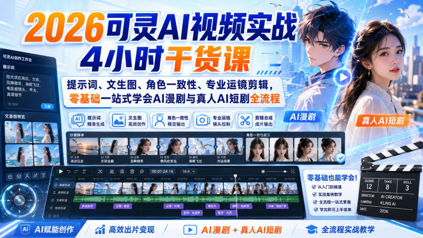 2026可灵AI视频实战4小时干货课｜提示词、文生图、角色一致性、专业运镜剪辑，零基础一站式学会AI漫剧与真人AI短剧全流程-网创百晓生