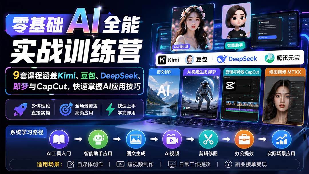 (20134期)零基础AI全能实战训练营:9套课程涵盖Kimi、豆包、DeepSeek、即梦与CapCut,快速掌握AI应用技巧 (20134期)零基础AI全能实战训练营:9套课程涵盖Kimi、豆包、DeepSeek、即梦与CapCut,快速掌握AI应用技巧