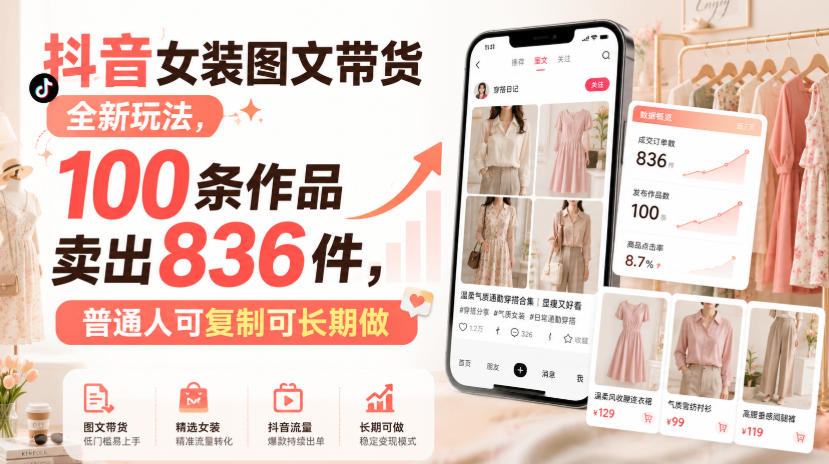 抖音女装图文带货全新玩法,100条作品卖出836件,普通人可复制可长期做-网创百晓生