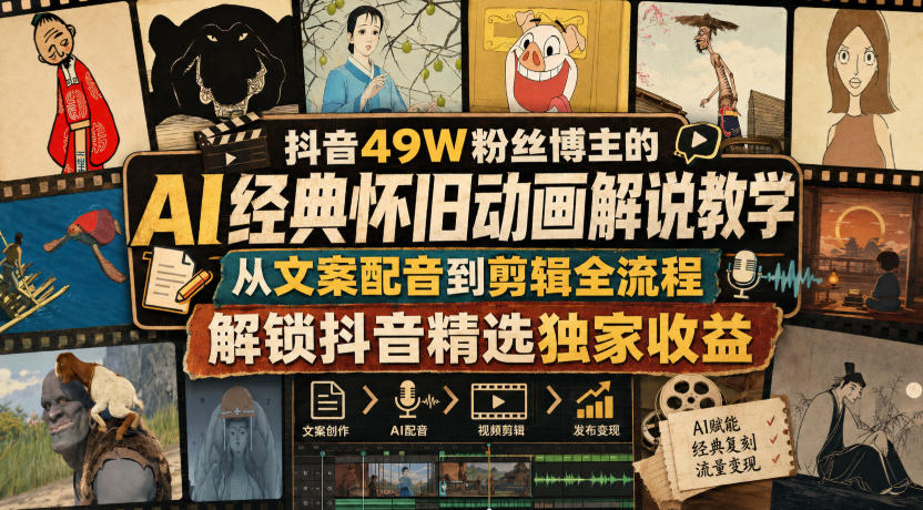 抖音49W粉丝博主的AI经典怀旧动画解说教学，从文案配音到剪辑全流程，解锁抖音精选独家收益-小白项目网