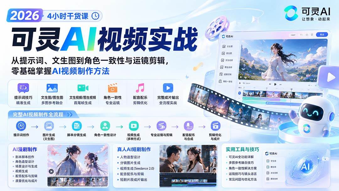 （20136期）2026可灵AI视频实战-4小时干货课：从提示词、文生图到角色一致性与运镜剪辑，零基础掌握AI视频制作方法-怪兽网创俱乐部
