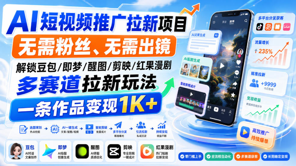 AI短视频推广拉新项目，无需粉丝、无需出镜，解锁豆包/即梦/醒图/剪映/红果漫剧多赛道拉新玩法，一条作品变现1K+-怪兽网创俱乐部