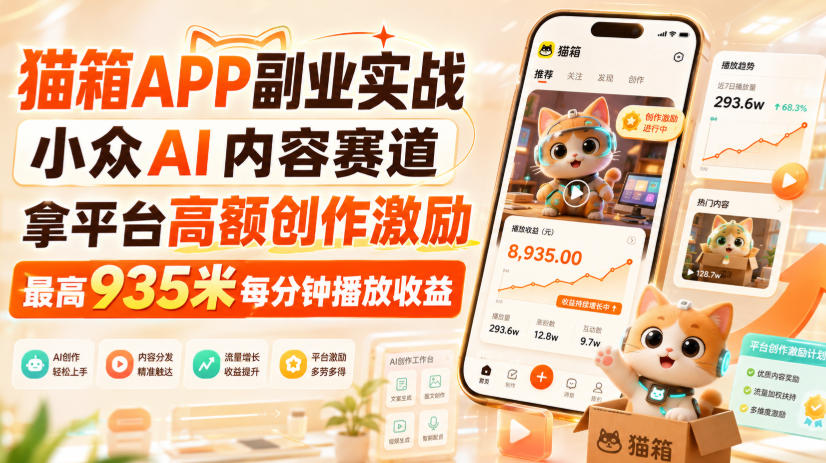 猫箱APP副业实战，小众AI内容赛道，拿平台高额创作激励，最高935米每分钟播放收益-网创百晓生